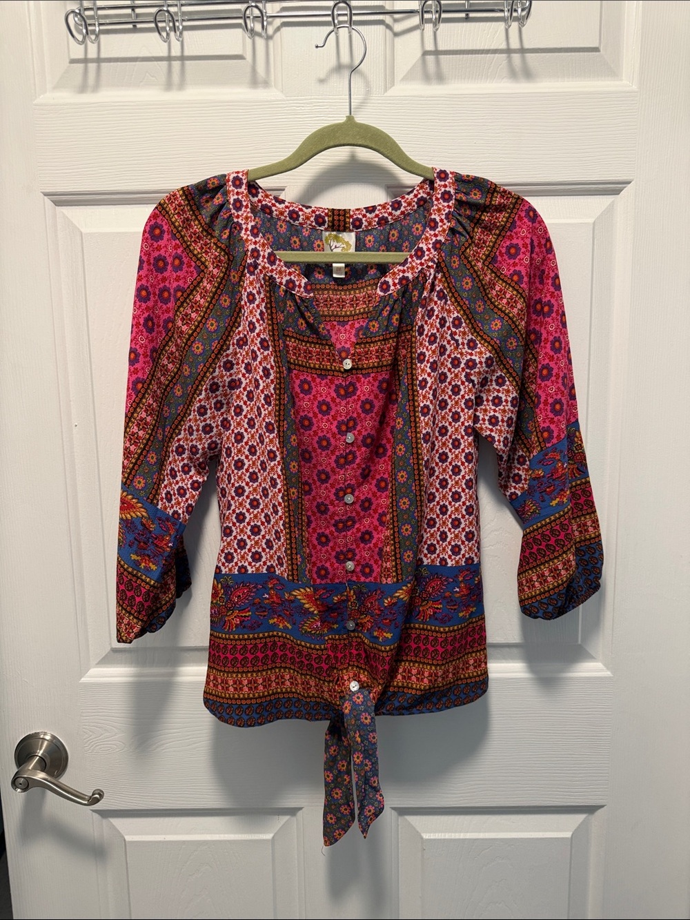 fig and flower Pink Multi Boho Tie-Front Peasant Blouse